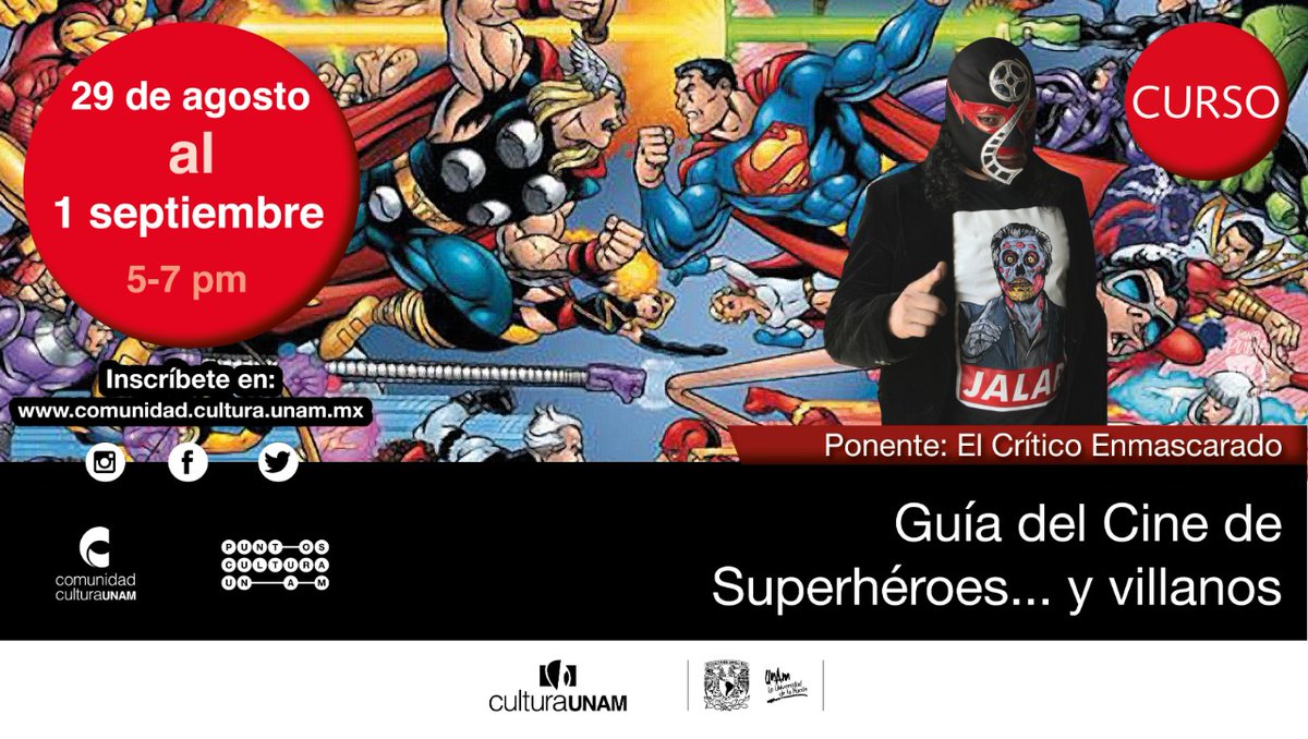 Hoy comenzamos para <a href="/CulturaUNAM/">CulturaUNAM</a> de manera exitosa la "Guía del Cine de Superhéroes - y villanos-" (¡preparaba el curso o tuíteaba!) gracias a los inscritos #superhéroes #superheroínas #comic #cine #unam #culturaunam #criticoenmascarado #villanos #malvadas #rudos #técnicos