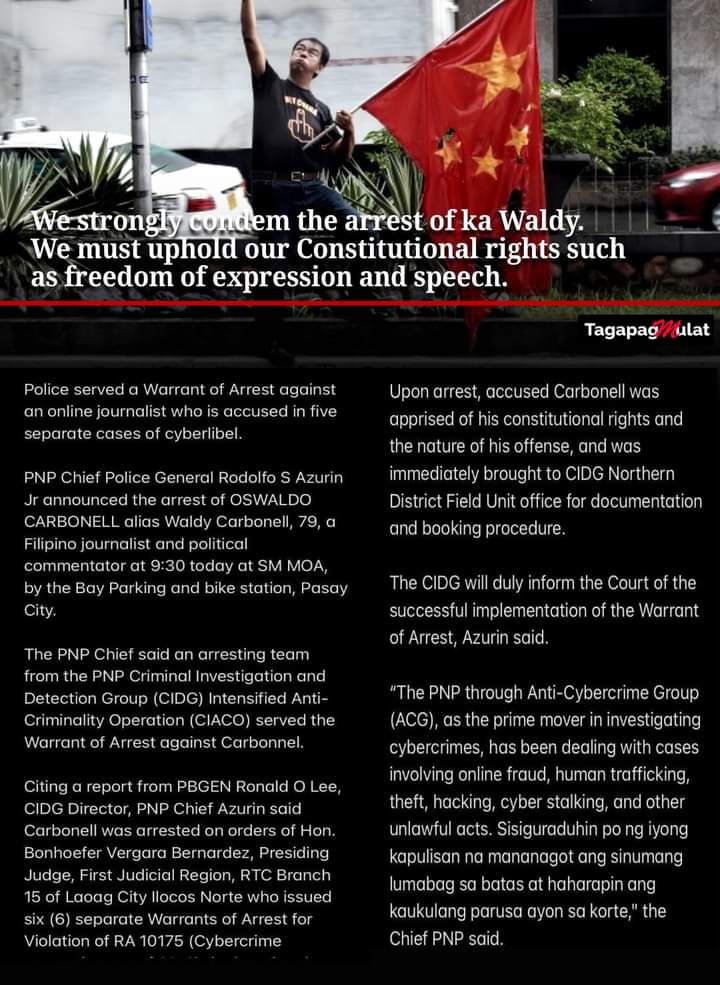 CamposJuledna's tweet photo. We strongly condemned the arrest of Ka Waldy.
We must uphold our Constitutional Rights such as freedom of speech and expression.
#MAKIBAKA #HuwagMatakot https://t.co/V7Y8QxQS63