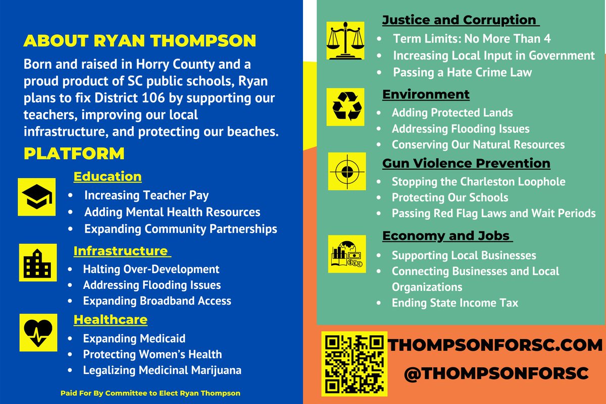 ThompsonForSC's tweet photo. Check out my canvassing materials for a detailed list of platforms and plans to #fix106! While they aren’t in explicit detail, I only had so much space to share all the policies I support! With voters my goal is to at least find one thing we can agree on, and then get to work. https://t.co/EzNkTZL4pk