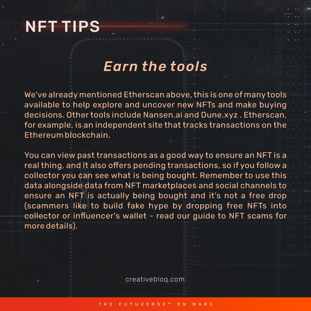 the_Futuverse's tweet photo. Earn the tools.
We've already mentioned Etherscan above. This is one of many tools available to help explore and uncover new NFTs and make buying decisions. Other tools include https://t.co/uiCHUvvMVu and https://t.co/z69t6VoJHR.
#onteco #mars #NFT #NFTs #metaverse #futuverse https://t.co/s2oqP8Xicv