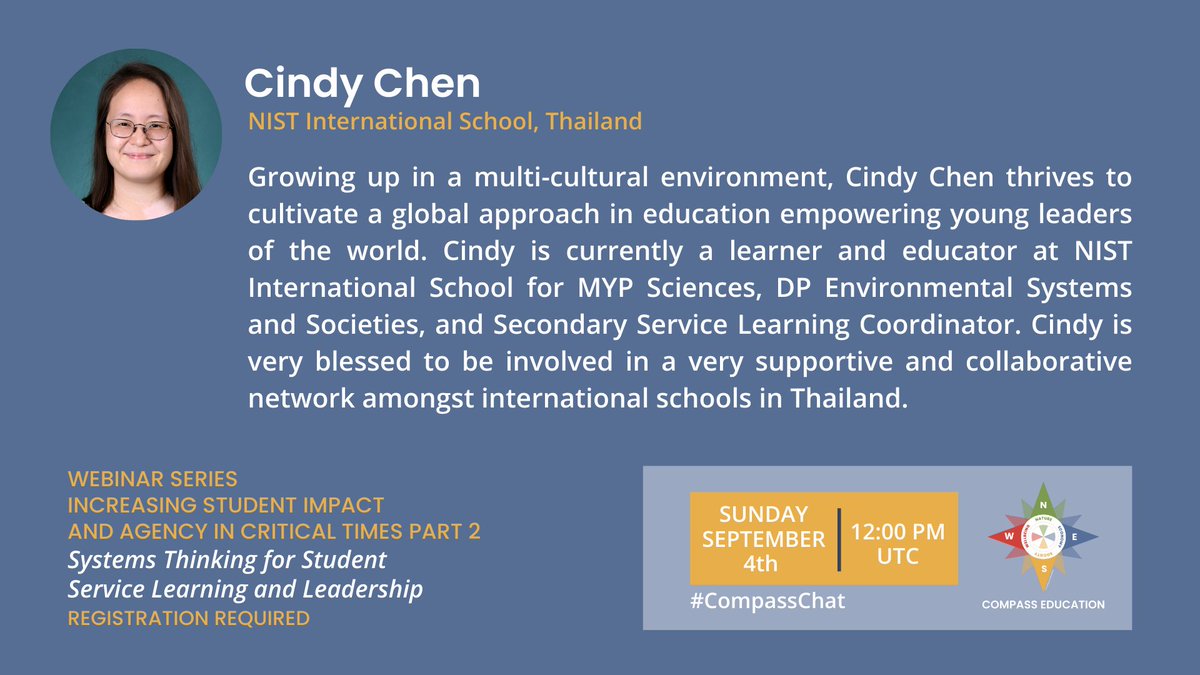 How can we as educators help our students design and implement impactful service and community projects that help them learn about their community, important life skills, leadership and more? 
<a href="/CindyHYChen/">CindyChen</a> | <a href="/NISTSchool/">NIST Int. School</a>
Info: ow.ly/iK1N50KpQf2
#CompassEducation #CompassChat