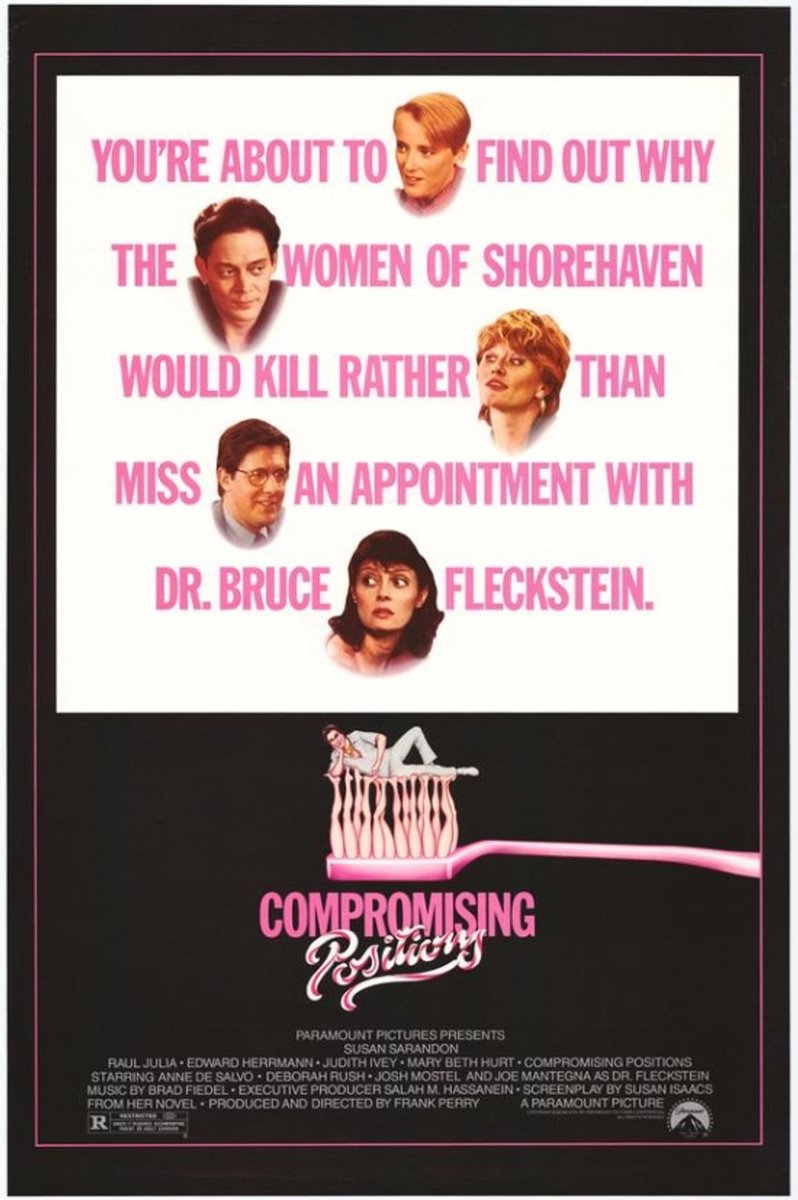 podcastAll80s's tweet photo. 'Compromising Positions' starring Susan Sarandon, Raul Julia, Edward Herrmann, Judith Ivey and Joe Mantegna was released on this day in 1985. Directed by Frank Perry who gave us the camp classic 'Mommie Dearest'. #80sMovies #CompromisingPositions https://t.co/kLCOnuUKdx