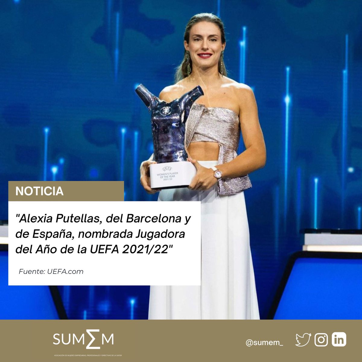 ¡La gran Alexia Putellas ha vuelto a hacerlo! 
Una de las futbolistas españolas más exitosas de nuestro país ha sido nombrada 🏆 Jugadora del Año de la UEFA dos veces consecutivas.

Todo un ejemplo y orgullo para nuestro país, ¡y para las mujeres!  
￼
￼ bit.ly/3e3srNe