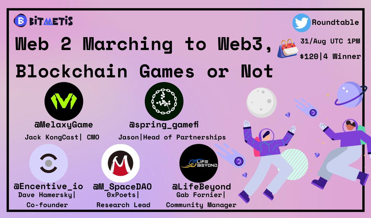 👾BitMetis Roundtable #9

 ⚔ Web 2 Marching to Web3, Blockchain Games or Not

💎w/<a href="/MelaxyGame/">Melaxy</a> <a href="/spring_gamefi/">Spring Game 🌿</a> @Encentive_io @M_SpaceDAO <a href="/LifeBeyond/">Life Beyond</a> 

🎁Reward: $120 | 4 Winner Random Pick ( Rt &amp;Join Space With Us)

👇See u here on 31/Aug, UTC 1 PM
x.com/i/spaces/1BRKj…