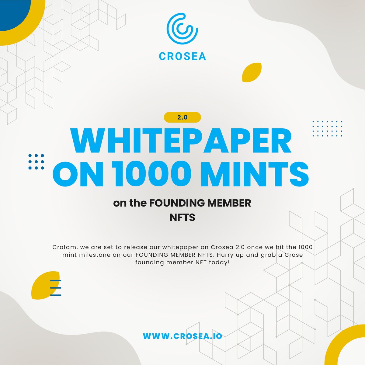 croseanft's tweet photo. #crofam, Our team at #Crosea is set to release the #whitepaper on Crosea 2.0 once we hit the 1000 mint milestone on our #FoundingMember #NFTs. Hurry up!! Go grab one today.
Spread the news and win a #FoundingMember #NFT #Giveaway
Mint live: https://t.co/BxNUawTTqP
#cro https://t.co/k9J9ERhKJ4