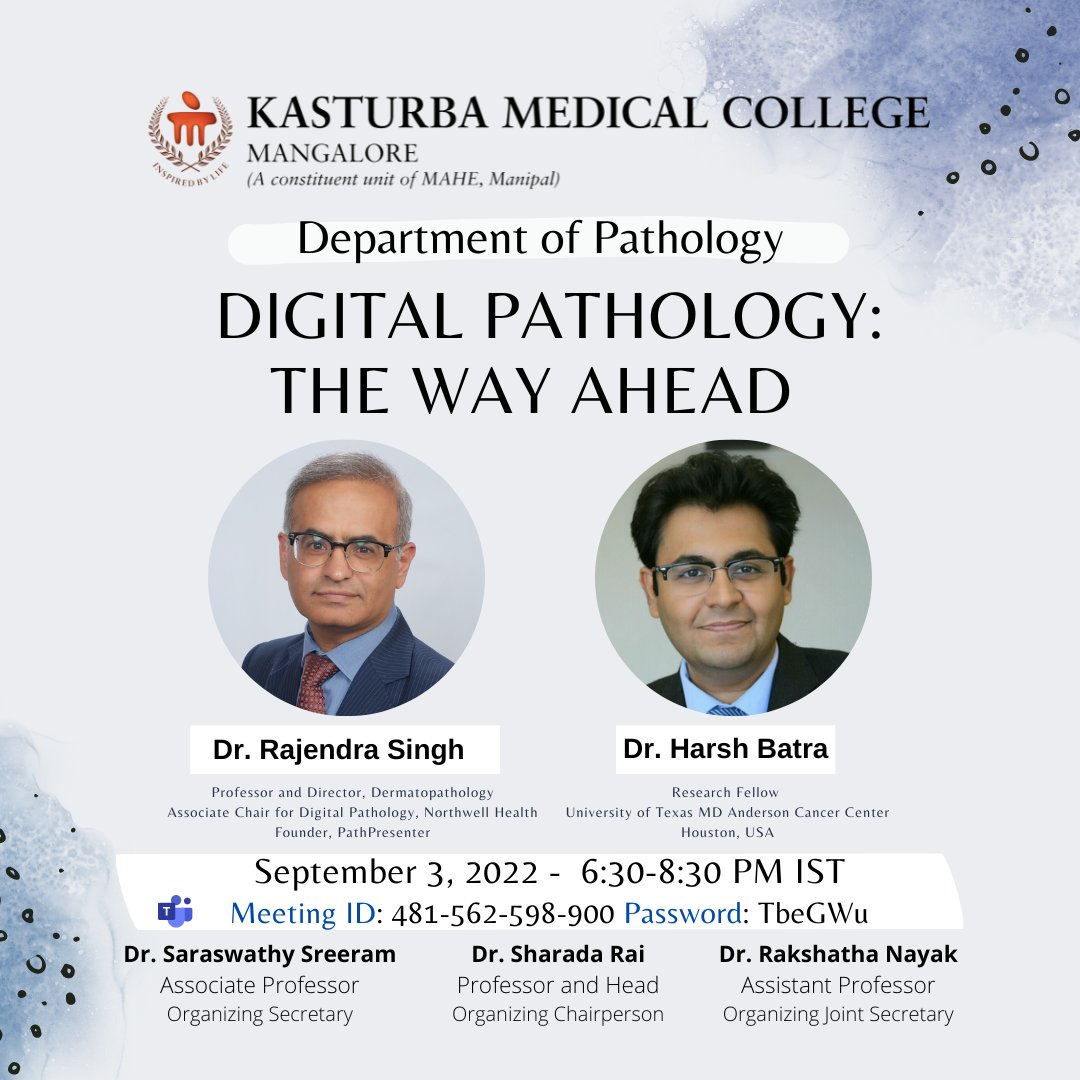 <a href="/MAHE_Manipal/">Manipal Academy of Higher Education</a> <a href="/mydermpath/">Raj Singh MD</a> <a href="/IndianPathbae/">Harsh Batra</a> <a href="/Sharadaraipath/">Sharada Rai</a> <a href="/SarasSreeram/">Saraswathy Sreeram</a> 
#digitalpathology #guestlecture