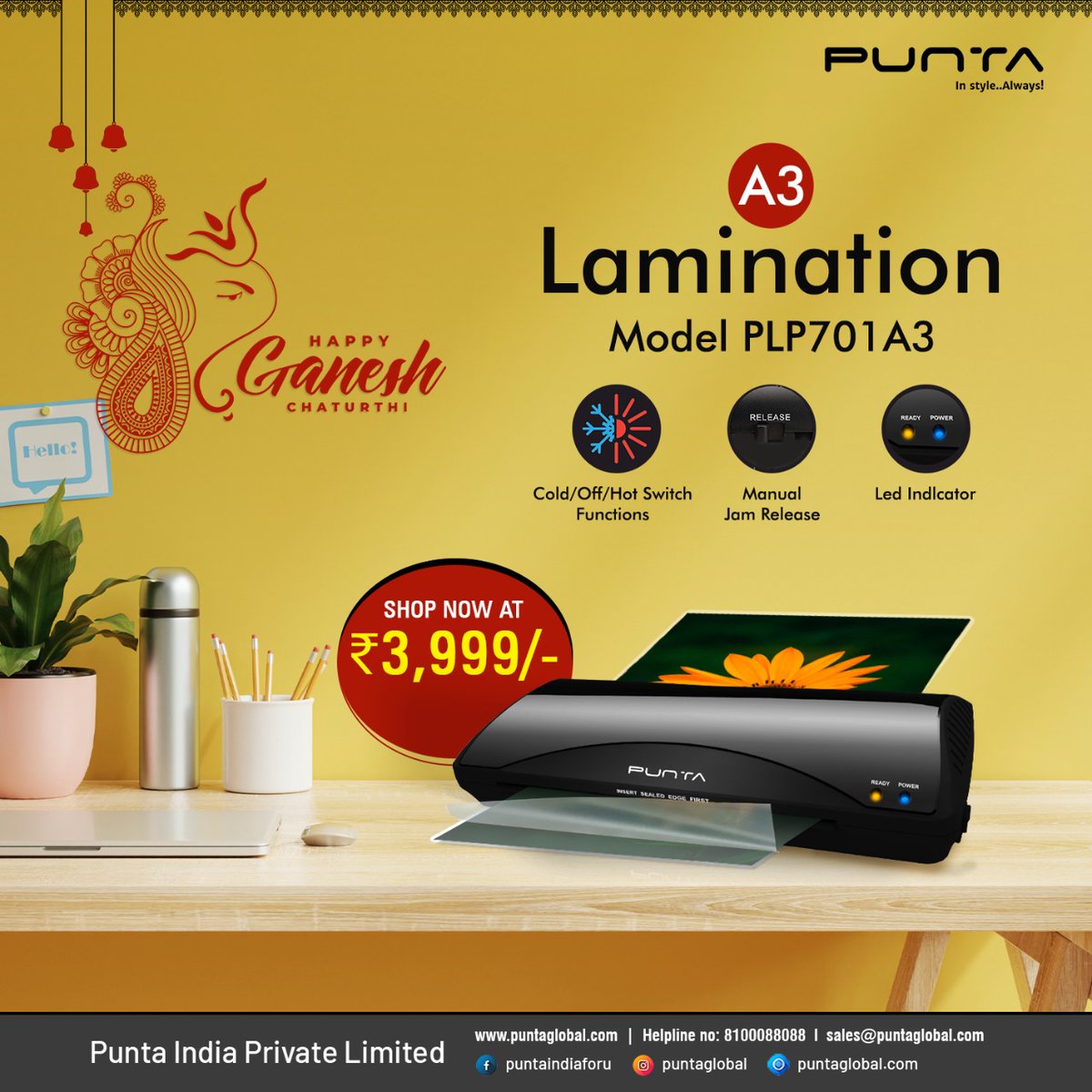 punta_india's tweet photo. Take home a Punta A3 Laminator this Ganesh Chaturthi to best suit your needs at Work and Home.
SHOP NOW - https://t.co/7iYf1y1lXW
#Punta #PuntaIndia #lamination #accessories #PuntaLover https://t.co/HjzQ9nGpYK