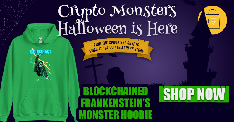 Cointelegraph's tweet photo. Crypto Monsters Halloween is Here! Find the spookiest crypto swag at the Cointelegraph Store.