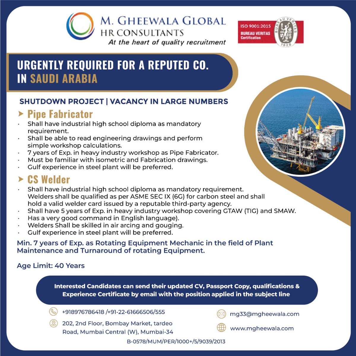 mgheewala_hrc's tweet photo. Job Vacancies for #SaudiArabia
Interested Candidates can send the updated resume to mg33@mgheewala.com
Learn More https://t.co/Ps4bxv1OLt
#shutdownproject #manpower #gulfjobs #saudijobs #ethicalrecruitment #rotatingequipmentmechanic #pipefabricator #cswelder #turnaround https://t.co/FP1ksx54qQ