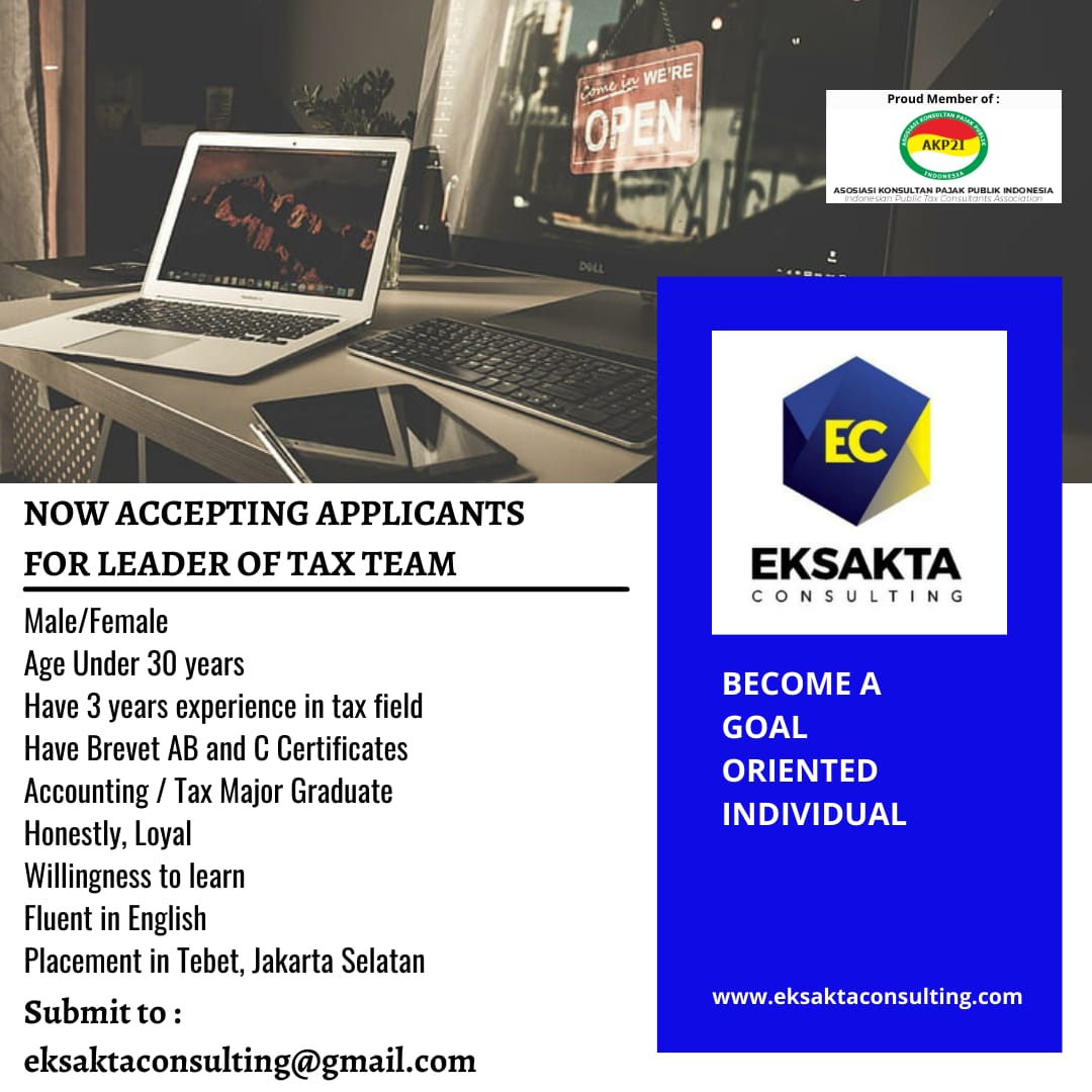 EksaktaC's tweet photo. We Are Hiring for Leader Of Tax Team

Submit to : eksaktaconsulting@gmail.com

@hrdbacot 
#lokercot 
#lokerjakarta 
#lokertax 
#lokerpajak 
#lowongankerja 
#lowonganjakarta https://t.co/SsbQjhhSCs