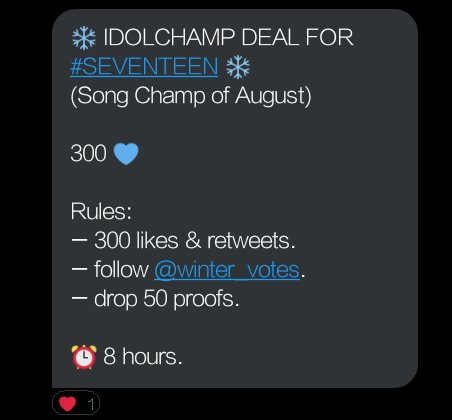 🔔🔔🔔

❄️ IDOLCHAMP DEAL FOR #SEVENTEEN ❄️

(Song Champ of August)

300 💙

Rules:
— 300 likes &amp; retweets.
— follow <a href="/winter_votes/">#WinterVotes • Selling Kpop Votes ❄️</a>.
— drop 50 proofs.

⏰ 8 hours.