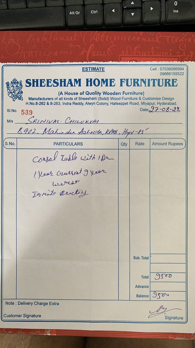 SriChil1's tweet photo. @GST_Council @PMOIndia @FinMinIndia Hi, Purchased a wooden table from a dealer which is manufactured in Rajasthan. Dealer gave me an Estimate and said this is the bill and he doesn’t have any other bill and showed me all his other estimates given to other’s. Where is GST in this? https://t.co/FbDZKffTa4