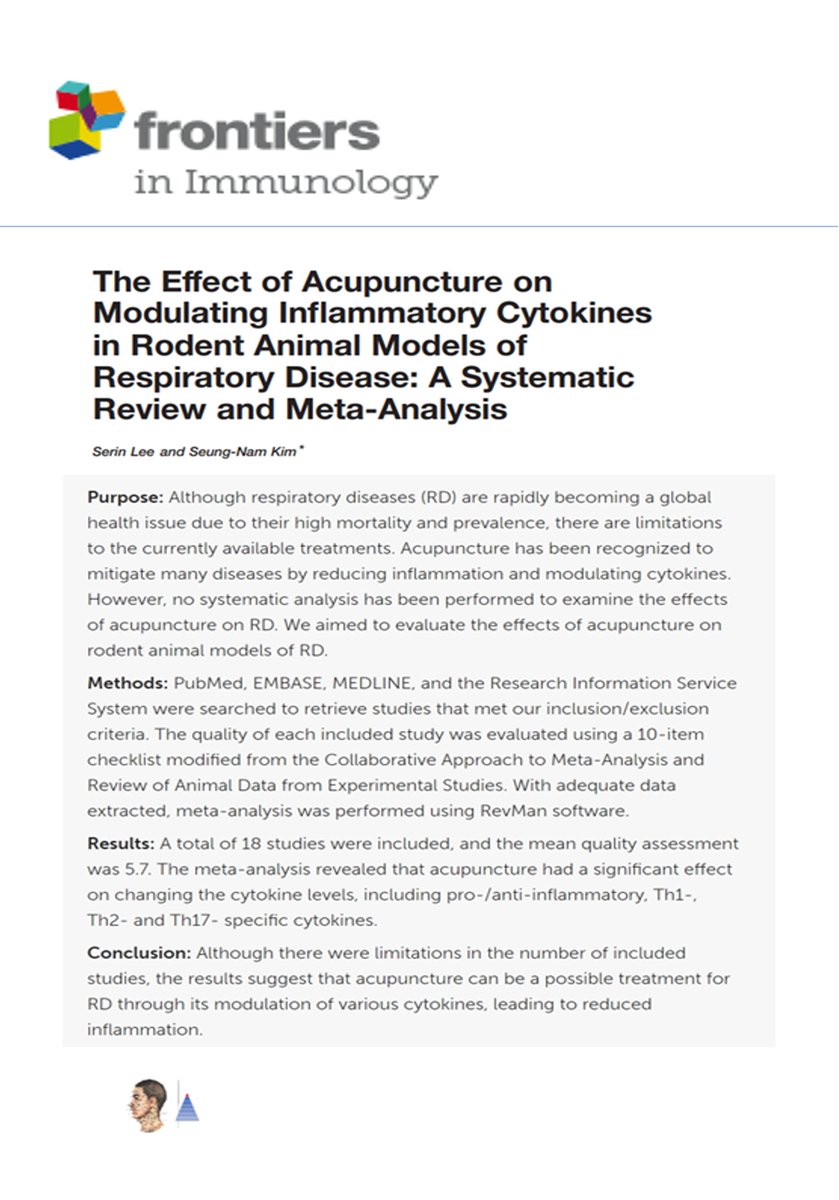 🐀Experimental Acupuncture 🇰🇷
📰Front Immunol (IF 𝟳.𝟱)
Rodent Animal Models of Respiratory Disease. Action of acupuncture by modulating pro and anti-inflammatory cytokines and ↘ inflammation. Systematic review (18 studies).

pubmed.ncbi.nlm.nih.gov/35784312 🔓