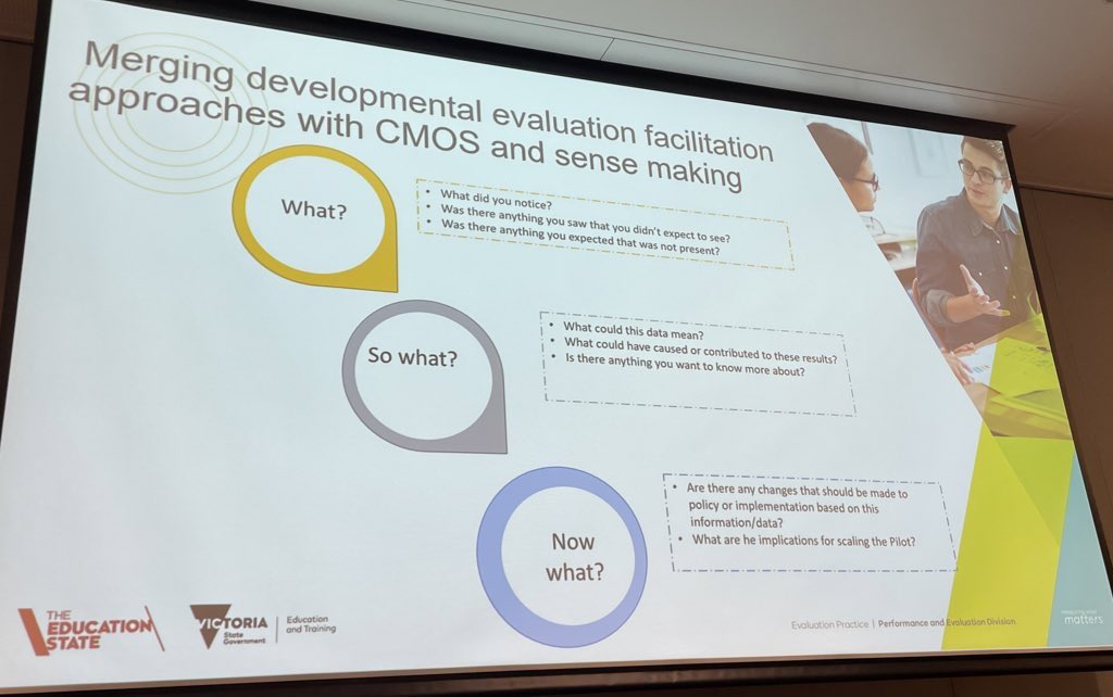 Using CMOs as sense-making tools to balance #realist theory, data collection and evaluation capacity building. Great approach used by our VIC counterparts in Education lead by @esckerdo. So much to unpack here for our work #AES2022ADL