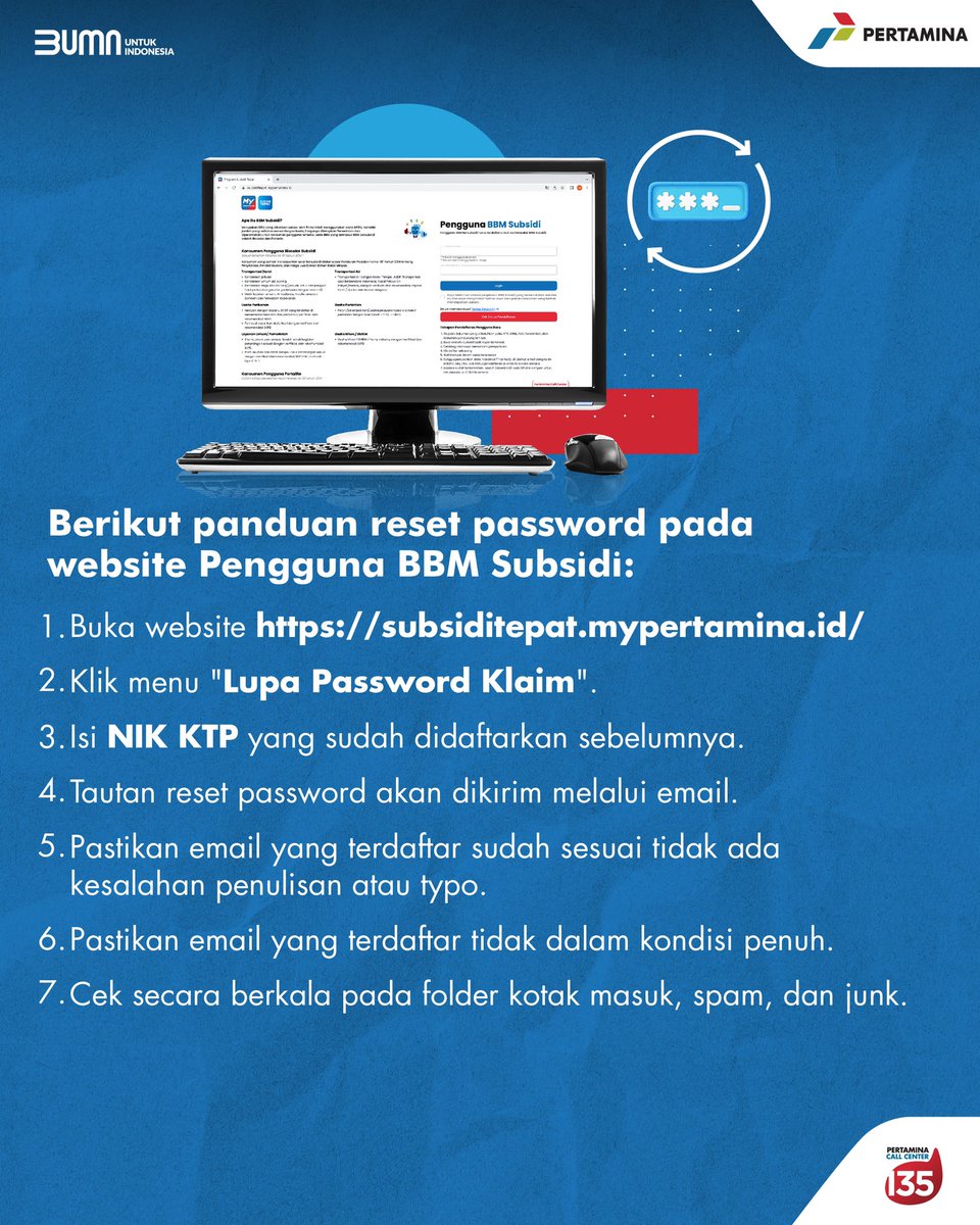 MyPertaminaID's tweet photo. Password claim yang digunakan yaitu password yang sama ketika digunakan pada saat login di website https://t.co/hSOJG11X7U. Jika lupa, kamu bisa menggunakan fitur reset password ya sob!

#MyPertamina #Call135 #SubsidiTepatSasaran #PasUntukSemua https://t.co/18OkrXgFLX