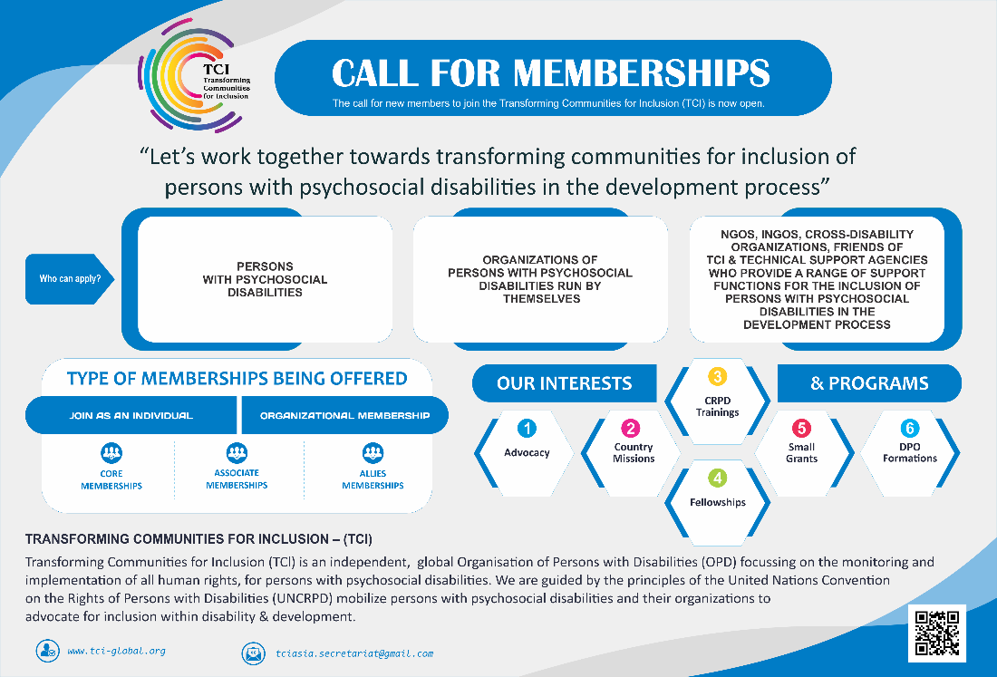 Call for Memberships: Become a @TCIAsia member &amp; amplify the voices of people with #psychosocial disabilities globally, calling for full inclusion in every country’s implementation of the #CRPD 

Individual mbr'shp 👉 bit.ly/3yb3Huh
Org mbr'shp 👉 bit.ly/3OlmdFl