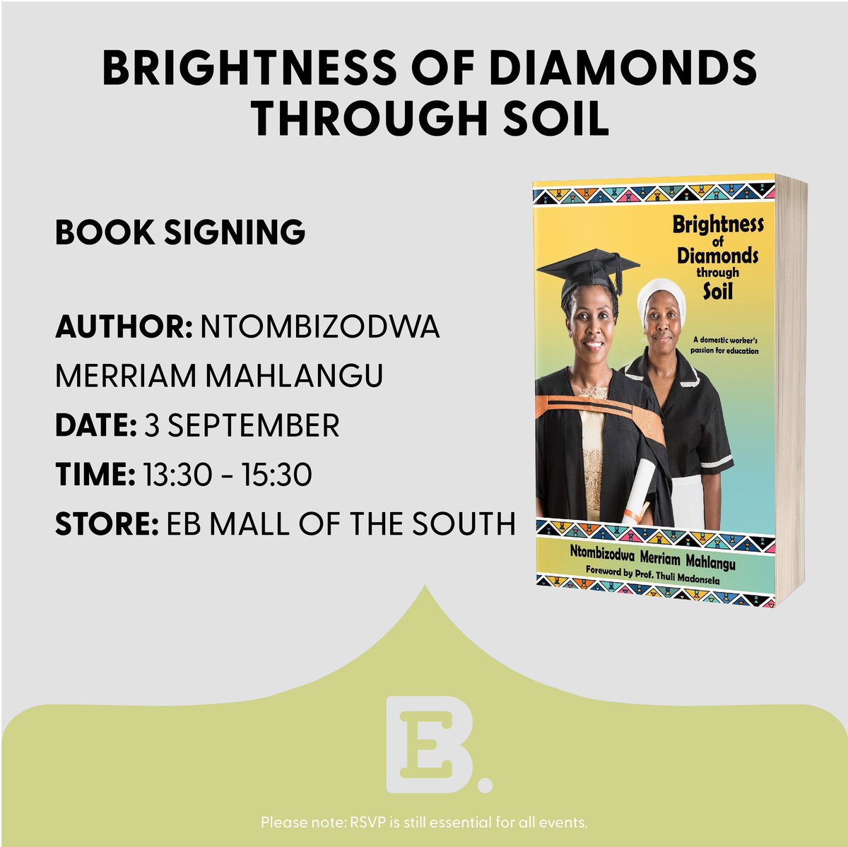 HelpOneHelper's tweet photo. Go out into the world &amp; do good until there is too much good in the world. – #HelpOneHelper | #MoreThanAHelper

Join Us At [@ExclusiveBooks - @MallOfTheSouth] For A Book Signing For "Brightness Of Diamonds Through Soil" By @NtombizodwaMer1 

RSVP📧: events@exclusivebooks.co.za https://t.co/MwYUtySqju