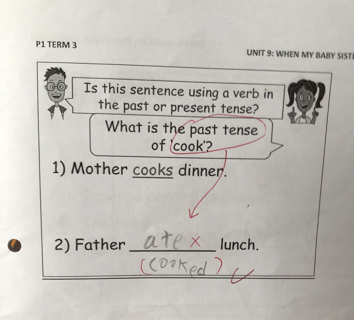 MmchenMao's tweet photo. My 6-yr son’s school worksheet. He is grammatically correct, but did not choose the right word, and threw me under the bus. it’s a lose-lose situation! https://t.co/yK6UuPx469
