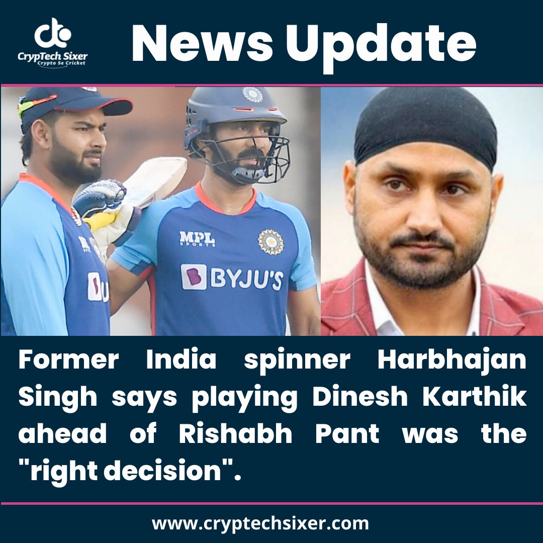 CrypTechSixer's tweet photo. Former India spinner @harbhajan_singh says playing @DineshKarthik ahead of @RishabhPant17 was the "right decision".
#AsiaCup2022 #HarbhajanSingh #DineshKarthik #RishabhPant #ctsixer #CrypTechSixer https://t.co/D07akX5kMv