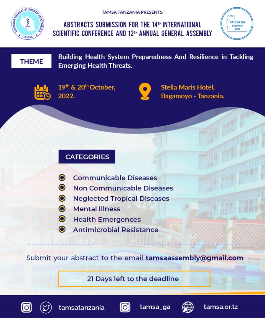 NehemiahMtitu's tweet photo. *REMINDER* 

As the clock ticks please register and/or submit your abstract for the upcoming Conference and General Assembly. 

31 days left for registration
21 days left for abstracts submission.

#12thTamsaGA
#14thScientificConference https://t.co/93vwzhNIu1