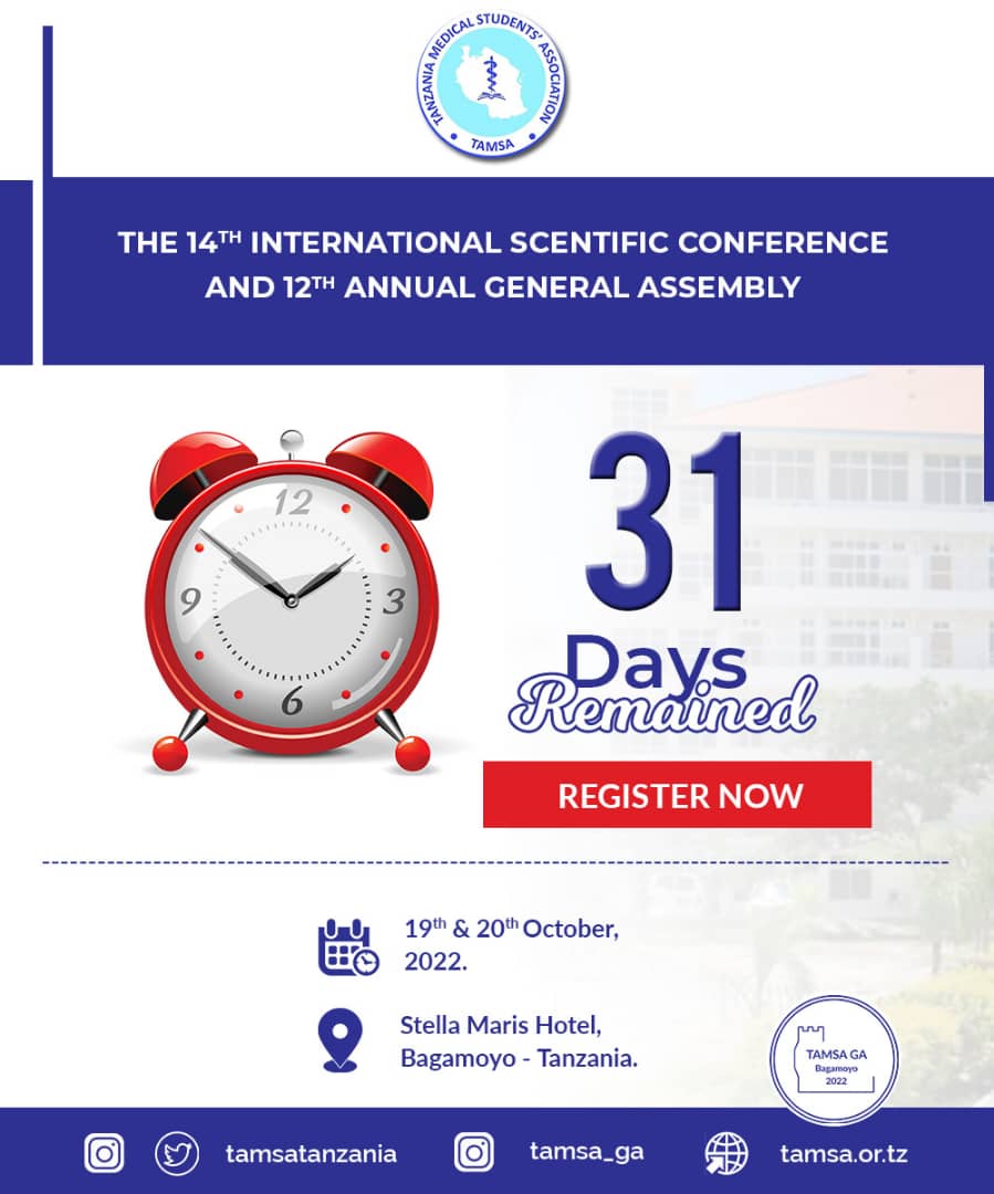 NehemiahMtitu's tweet photo. *REMINDER* 

As the clock ticks please register and/or submit your abstract for the upcoming Conference and General Assembly. 

31 days left for registration
21 days left for abstracts submission.

#12thTamsaGA
#14thScientificConference https://t.co/93vwzhNIu1