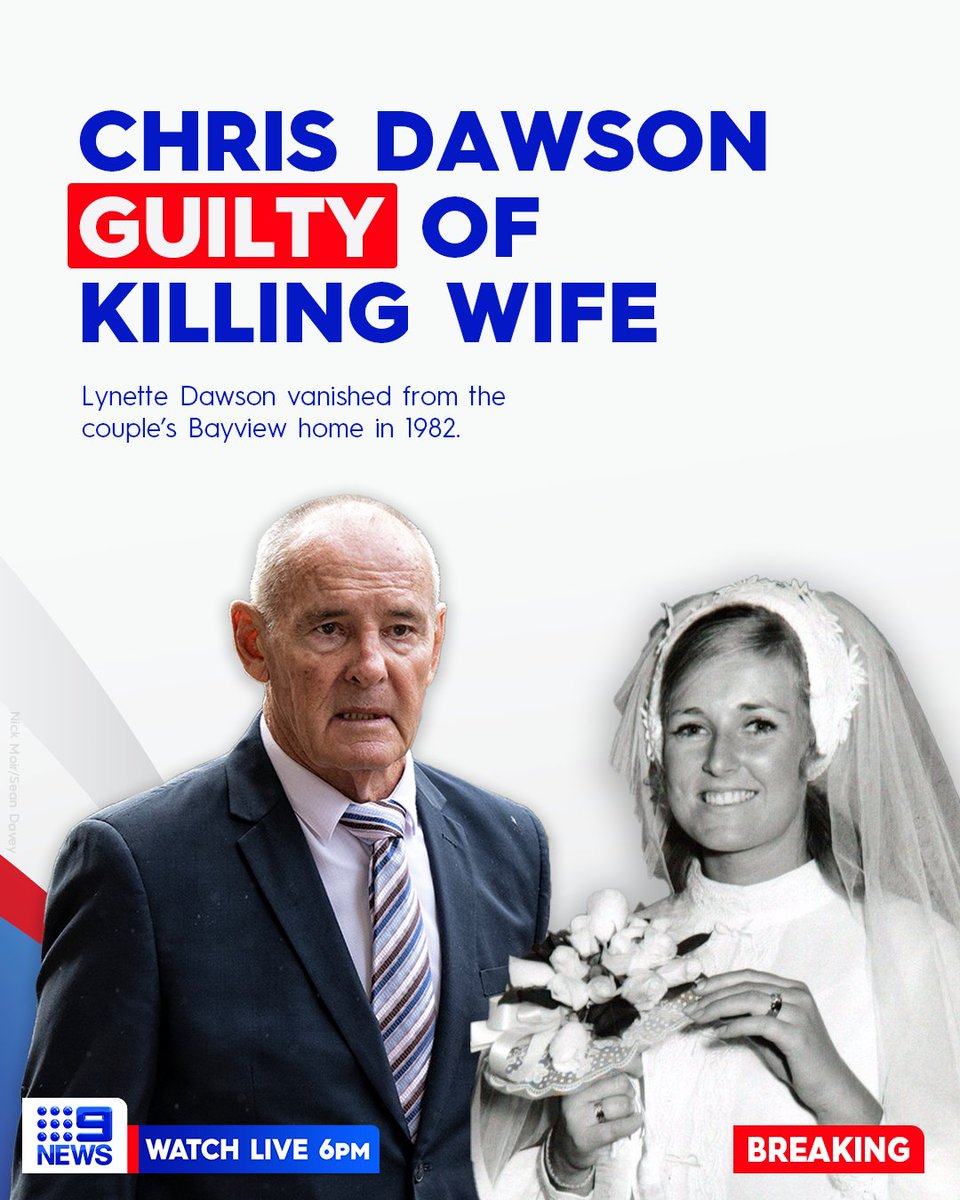 9NewsAUS's tweet photo. #BREAKING: Former school teacher Chris Dawson has been found GUILTY of murdering his wife Lynette in 1982. #9News

LATEST: https://t.co/pV2abvKi2k https://t.co/SZcokywR2u