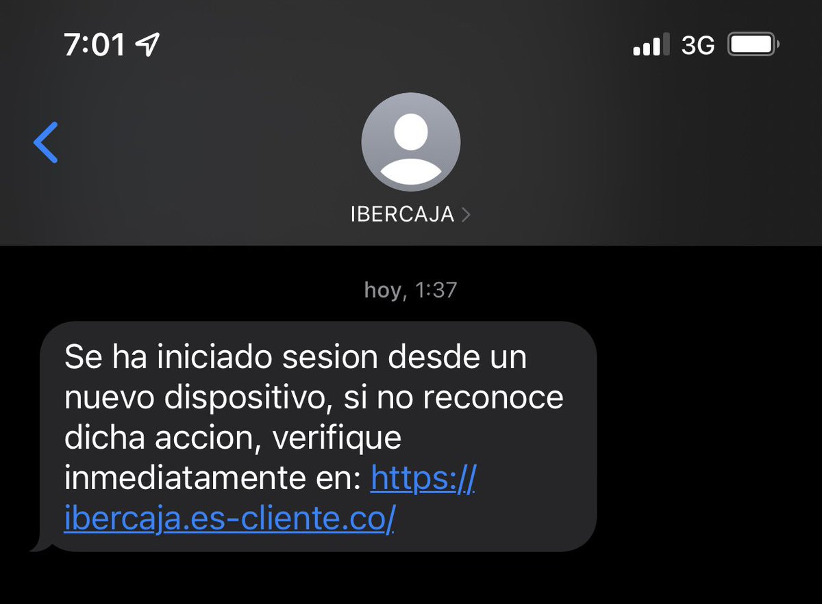 randrescapital's tweet photo. @ibercaja @policia me ha llegado esto hoy, creo que habría que alertar a los clientes (si no se ha hecho ya) porque por lo menos en iPhone va muy enmascarado (mismo remite que los mensajes auténticos). https://t.co/LmpyI1ZmwY