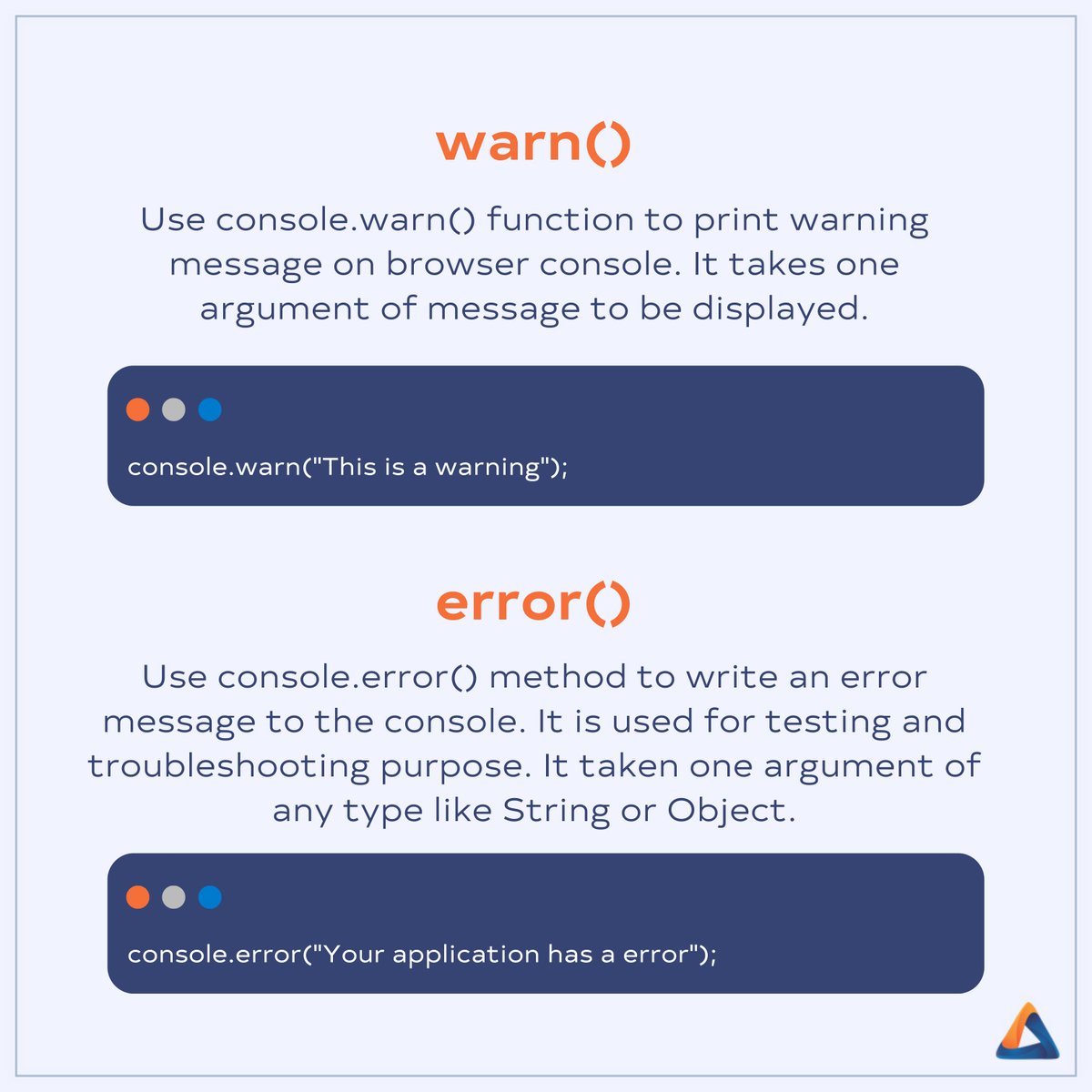accreteit's tweet photo. #Javascript console object has multiple methods which give you the ability to log out objects in different ways and to get other related information.
#javaprograming #javadeveloper #javascriptdeveloper #javacode #javaprogramer #websitedevelopment #websitedeveloper #websitedesign https://t.co/xKvhdMdpvG