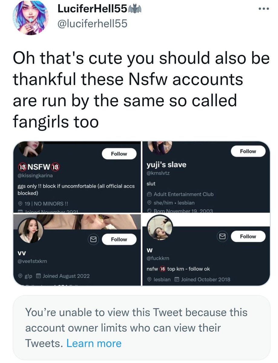 ‼️Report &amp; Block‼️

🔗x.com/wntrtheeace
🔗x.com/luciferhell55

⚠️akgaes, hating on K⚠️

Report as: 
-fake account
-disrespectful or offensive