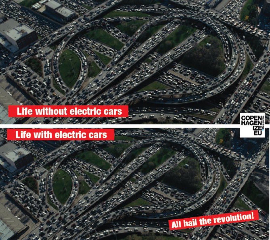Obviously, electric cars take up the same space as internal combustion vehicles. But here’s the rub —once you understand #JevonsParadox, you get that electric vehicles may very well lead to MORE cars, MORE driving, LARGER vehicles, and BIGGER consequences. en.wikipedia.org/wiki/Jevons_pa…