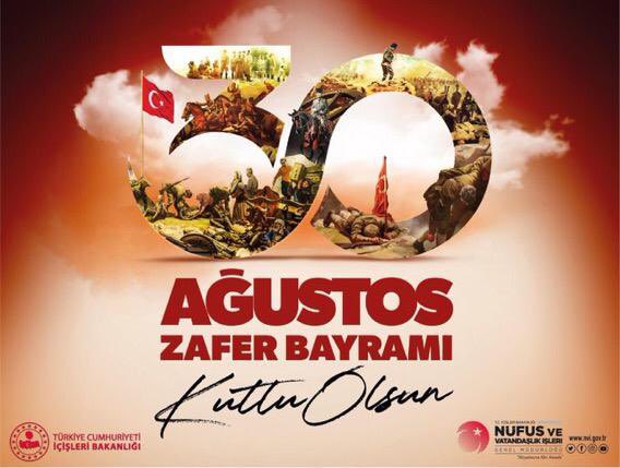 Bağımsızlık yolunda "Ya İstiklal ya Ölüm" anlayışıyla yürütülen Milli Mücadele'nin zaferle taçlanışının 100. yıldönümünde Ulu Önder Gazi Mustafa Kemal Atatürk ve silah arkadaşları ile tüm şehit ve gazilerimizi saygı, rahmet ve şükranla anıyoruz.
#30AğustosZaferBayramıKutluOlsun🇹🇷