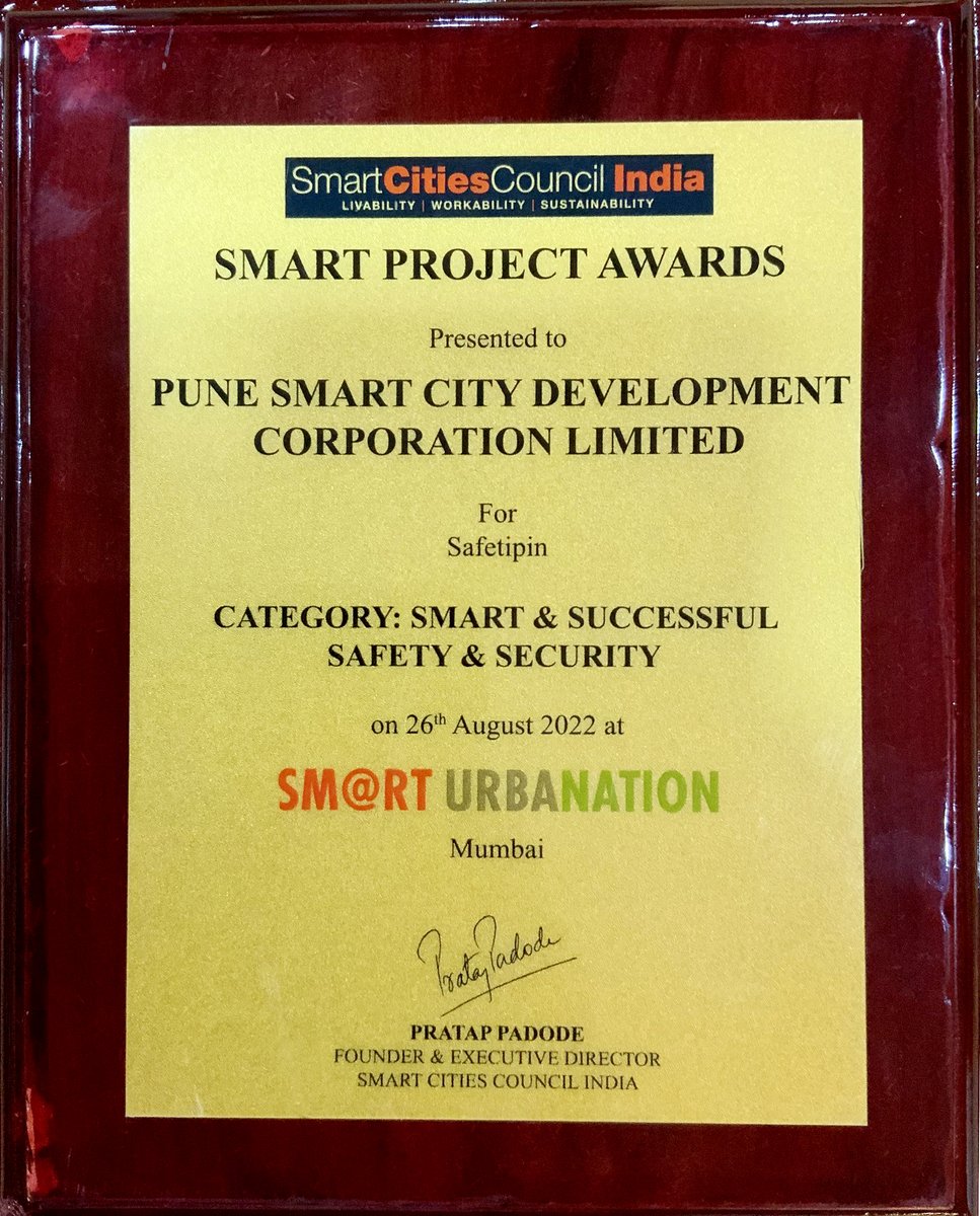 '7 व्या स्मार्ट अर्बनेशन परिषद 2022' मध्ये पुणे स्मार्ट सिटीला “स्मार्ट अॅण्ड सक्सेसफुल सेफ्टी अॅण्ड सिक्युरीटी” पुरस्काराने सन्मानित करण्यात आले. 
#Atmanirbharbharat #AzadikaAmrutMhotsav #Pune #pmccare <a href="/MoHUA_India/">Ministry of Housing and Urban Affairs</a>  <a href="/iscf_goi/">India Smart Cities Fellowship Program</a>  <a href="/PMCPune/">PMC Care</a>