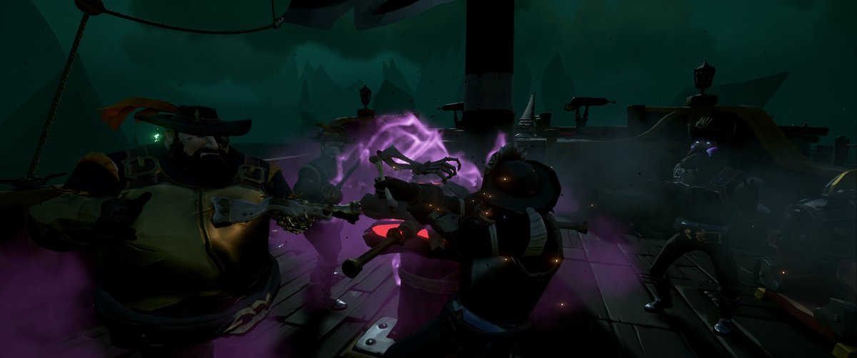 admiral_boxer's tweet photo. We went out for a voyage on Captain @Stormriders57's Rolling Thunder. Highlight of the night was fighting a two-brig alliance off a FotD for a steal, sinking them collectively 5 times. #SeaofThieves #BeMoreReaper #BrimstoneHillFleet https://t.co/IGeclmiNJH