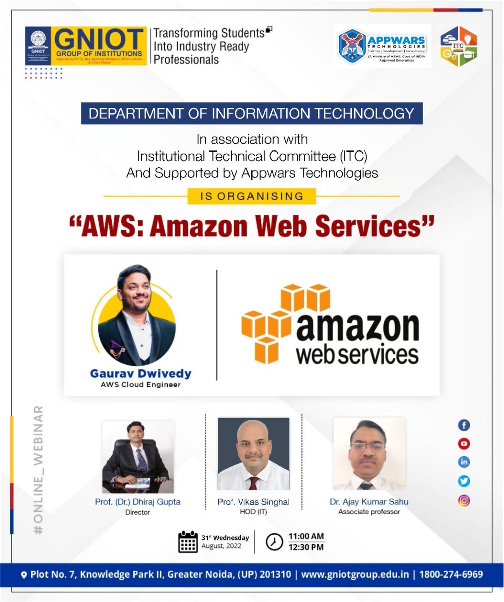 GNIOTCollege's tweet photo. The Department of Information Technology (IT) has taken the initiative for its 3rd year and 4th year Students to organize online webinar on AWS-Amazon Web Services.
Visit : https://t.co/QuLMtYzvfX
#GNIOT #GNIOTGroup #GreaterNoida #IT #Amazon_Web_Services #Online_Webinar https://t.co/gsmbzhVw8F