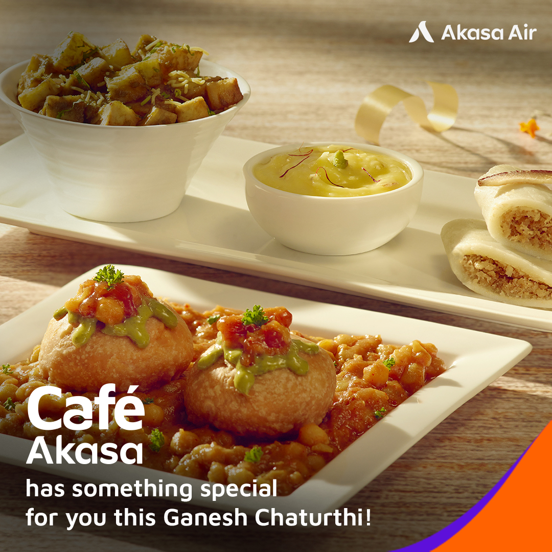 AkasaAir's tweet photo. Celebrate #GaneshChaturthi with Café Akasa - Shakarkandi Chaat, Patoli with Shrikhand, Khasta Kachori pockets with spicy Ragda, and of course Bappa’s blessings! 

Available on all flights until Sep 15, 2022
Book now, on https://t.co/xT9cA6oFlt https://t.co/LL7VpN4j0f
