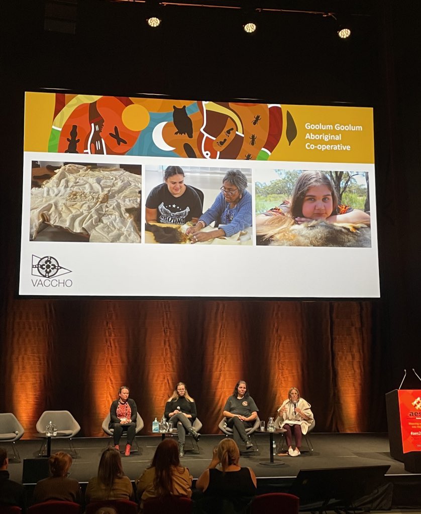 Some exceptional voices from Aboriginal community-led evaluations using Impact Yarns with an all-women panel chaired by @skyetrudgett. Hearing about communities being in the driver seat of story telling, creating new stories and reconnecting to culture #AES22ADL