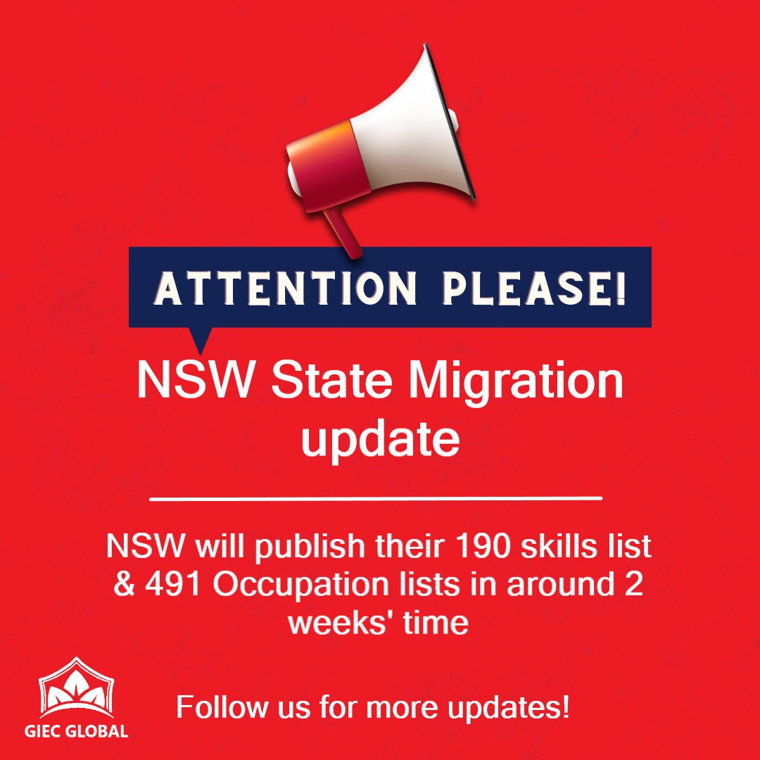 GiecGlobal's tweet photo. NSW State Migration Update 🇦🇺 🇦🇺
For the 190 visas & 491 Visa
- NSW will publish their 190 skills list in around 2 weeks' time. And look to open after that for invitations.
Or Visit our website:
https://t.co/sunDvjARkB
#giecglobal #pathway #pathwaytopr #skilledmigration https://t.co/D8UjdMOMiG