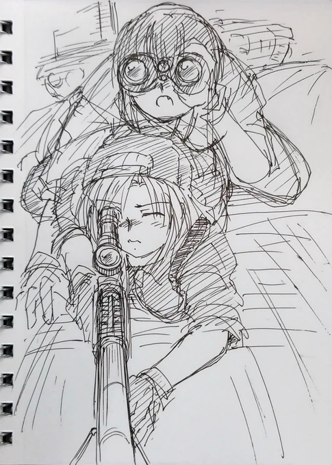 お昼休みに久々のボールペンらくがきー!
狙撃銃と鳥子さんは似合うと思います。
「鳥子ごめんちょっと乗っかる。
私が視るから撃って!」
「オーケイまかせて!」

…空魚、双眼鏡でほとんど隠れてるじゃん… 