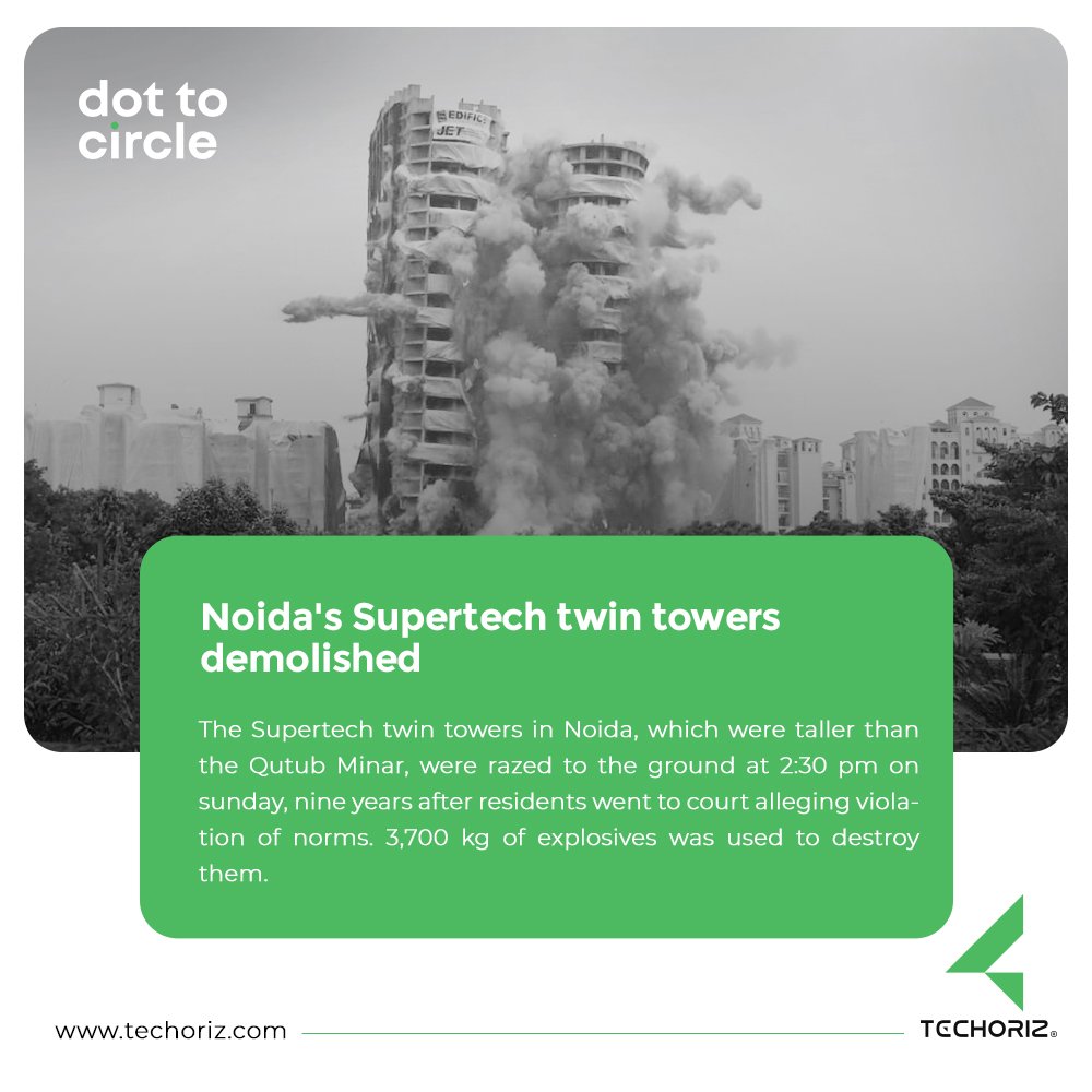 DottoCircle1's tweet photo. The Supertech twin towers in Noida, which were taller than the Qutub Minar, were razed to the ground at 2:30 pm on sunday, nine years after residents went to court alleging violation of norms. 3,700 kg of explosives was used to destroy them.
.

.
#SupertechTwinTowers #demolished https://t.co/4cuUHPzG0D