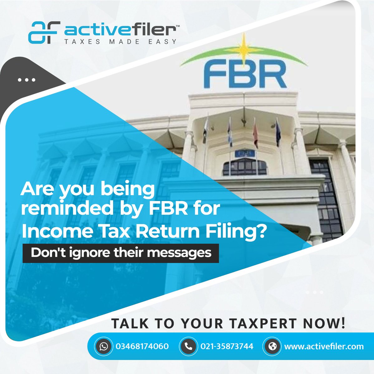 Active_Filer's tweet photo. You must have received a reminder message from FBR for Tax Filing Session 2022!!

Don't Ignore - Filing your taxes is your civic duty. Contribute to the nation by filing Income Tax today.

Visit Now: https://t.co/QTPVulW7TT

#Tax2022 #incometax #ActiveFiler #filer #fbr #taxreturn https://t.co/GyllIsbfU4