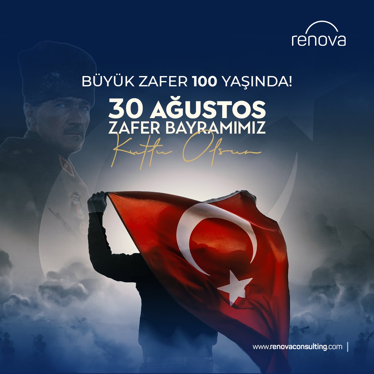 30 Ağustos 1922'de kazanılan büyük zaferin 100. yıl dönümünde, tüm hayatlarını ulusun kurtuluşuna adamış olan değerli kahramanlarımızı; Mustafa Kemal Atatürk ve yol arkadaşlarını rahmet ve özlemle anıyoruz. 

30 Ağustos Zafer Bayramımız kutlu olsun! 

#Renova #30Ağustos