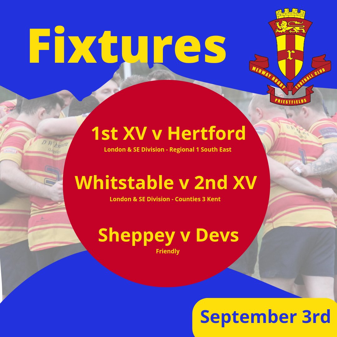 Our first team take on @HertfordRFC, our 2s are going to @Whitstable_RFC and the Devs are off to @SheppeyRFC_1892. Rugby season is back!