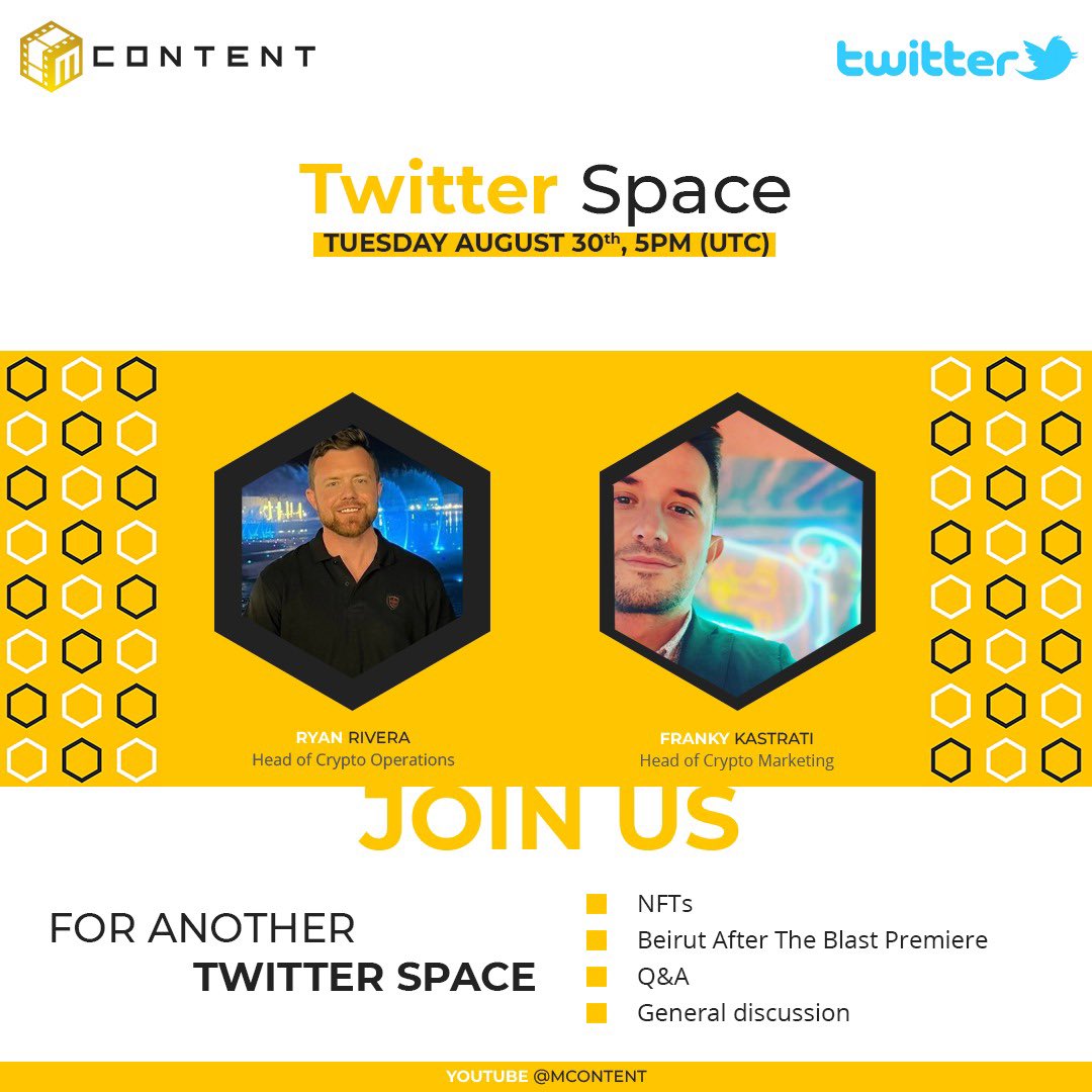 myco_io's tweet photo. Stay tuned for today’s #TwitterSpaces hosted by none other than @Mcontent_SSJ and @frankymcontent 😎
We will talk about NFTs and our latest MOriginal documentary “Beirut After the Blast”; prepare your questions and ask away!
#BeirutAftertheBlast #watch2earn #NFTs #moriginal https://t.co/UyzJAJOz4S