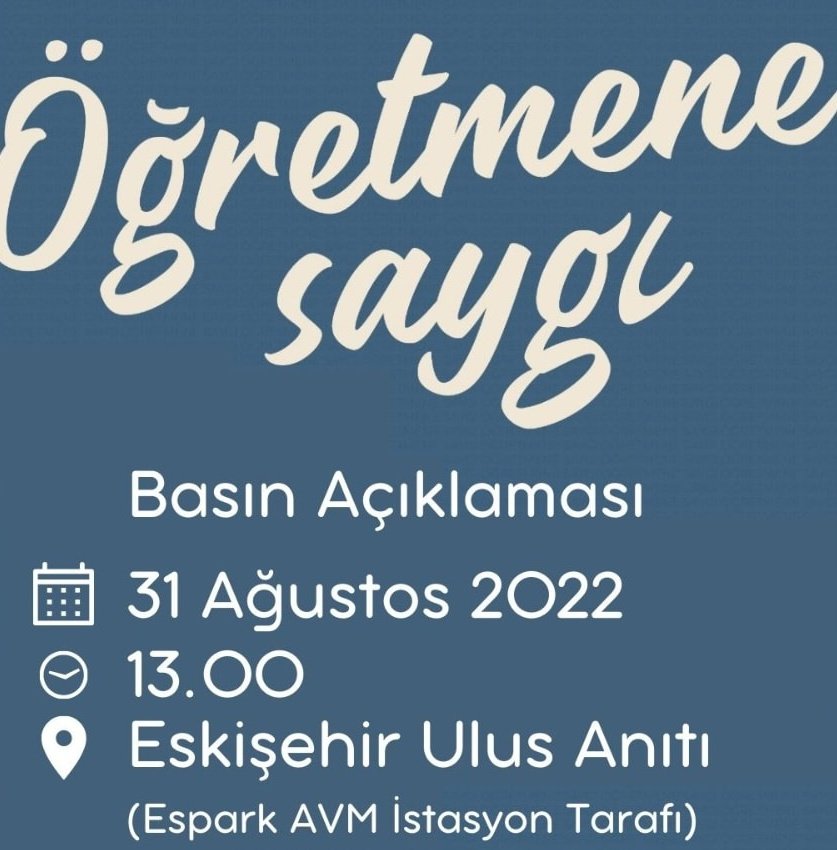 egitimis26's tweet photo. ÖĞRETMENE SAYGI SINAV DAYATMASINDAN DERHAL VAZGEÇİLMELİ, ÖĞRETMENLİK MESLEK KANUNU GERİ ÇEKİLMELİ. Kitlesel basın açıklamamız 31.08.2022 Çarşamba, saat 13.00'de Eskişehir Ulus Meydanında (Espark İstasyon tarafı) yapılacaktır.
Eğitim-İş Eskişehir Şubesi 
@egitimis @kademozbay_ https://t.co/kx0YQm7Chc