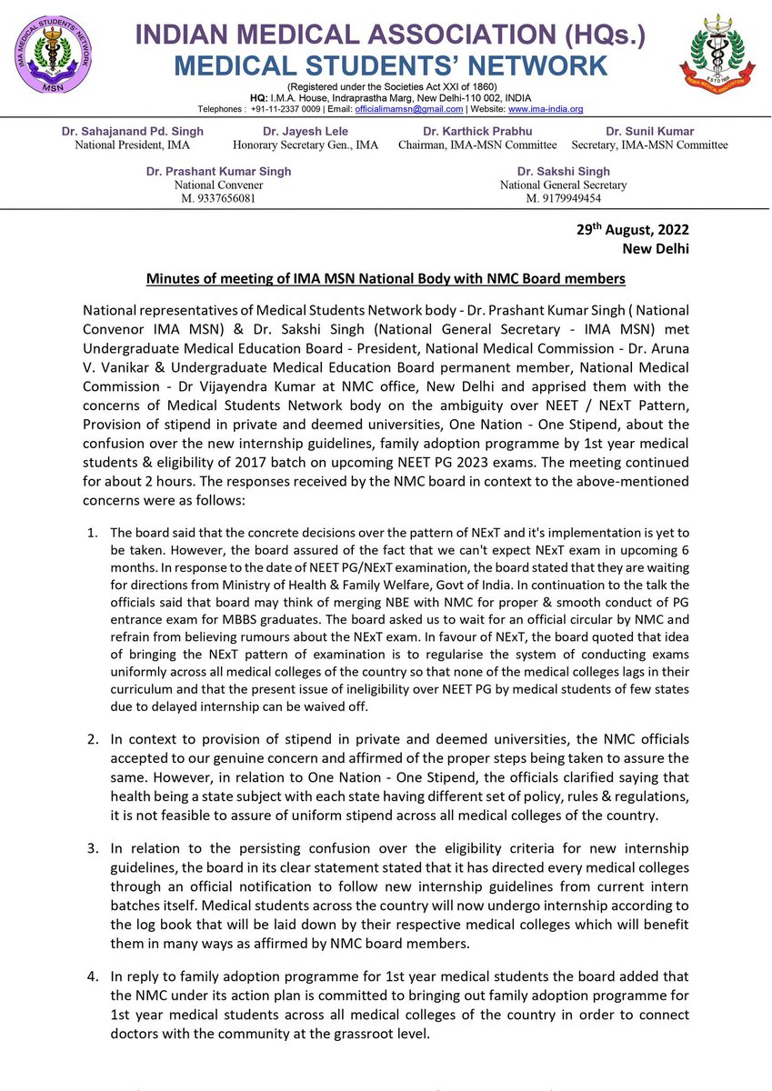 ShankulDwivedi's tweet photo. 🛑Minutes of the meeting held between  @NMC_IND &amp; IMA-MSN represented by Convener @Whytcoatsoldier &amp; Gen Sec @Sakshi_Singh04 

IMP updates on NEET/NEXT 2023 👇 https://t.co/RHcaKXcTeW