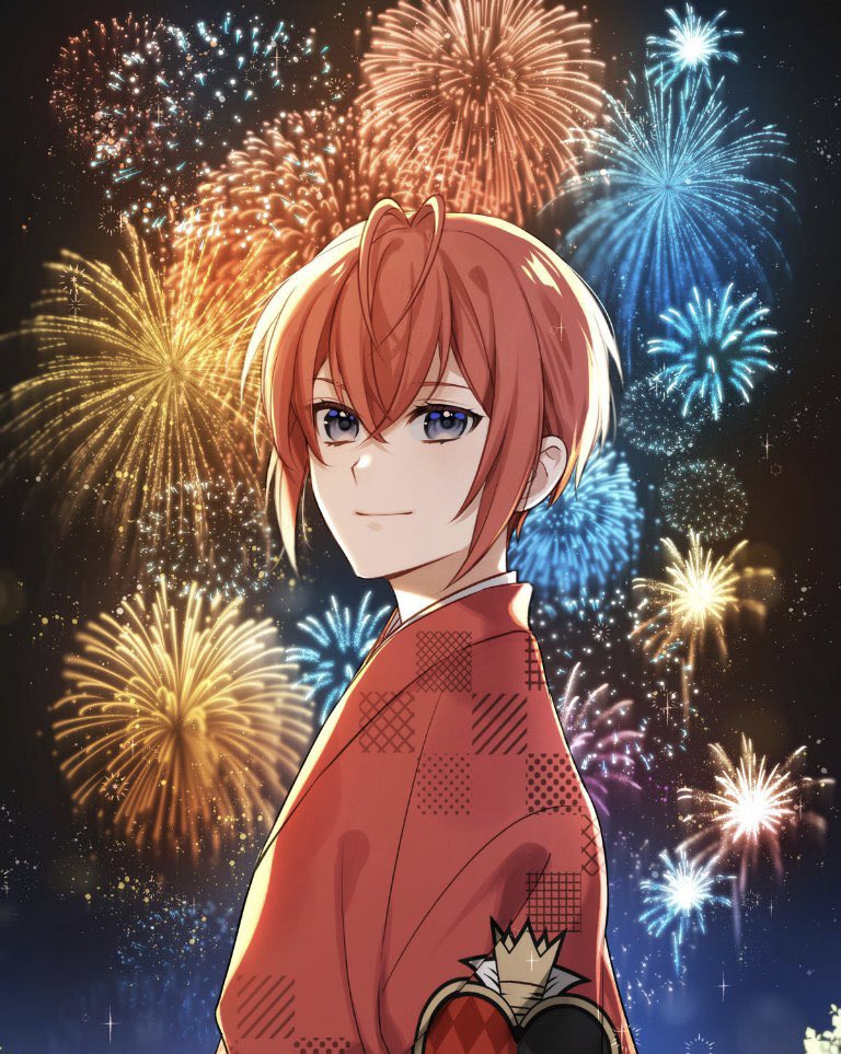 fireworks male focus 1boy japanese clothes kimono looking at viewer red hair  illustration images