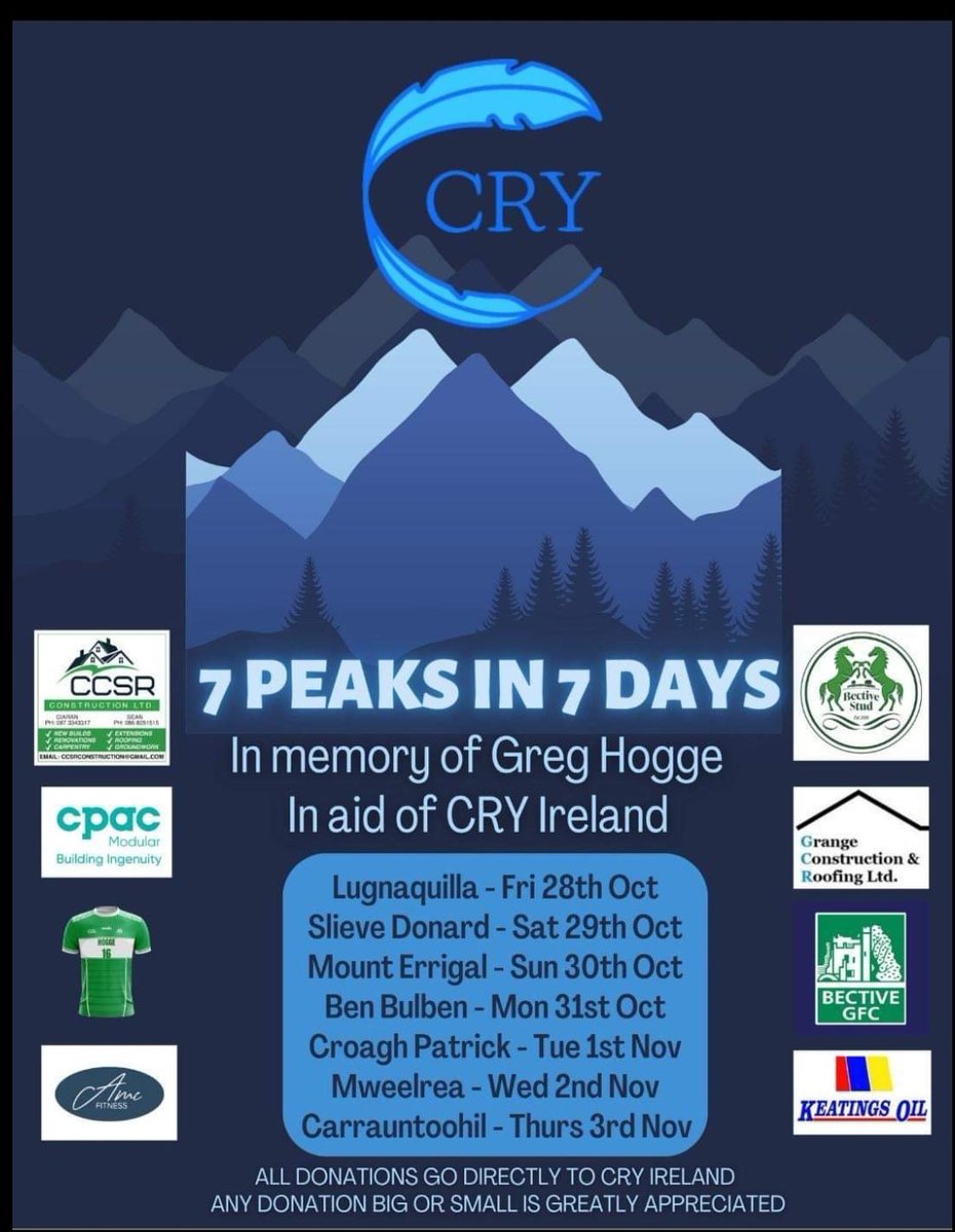 CRYIre's tweet photo. Richie Nevin takes on 7 ᴘᴇᴀᴋꜱ ɪɴ 7 ᴅᴀʏꜱ in aid of https://t.co/Knf4vLjVPb.

Starting in Lugnaquilla &amp; finishing in Carrauntoohill - a huge challenge, remembering his friend Greg Hogge.

To support Richie head to @iDonate_ie 
https://t.co/KGJN7uSBJI  
#RememberingGreg https://t.co/dAzax3z9o8