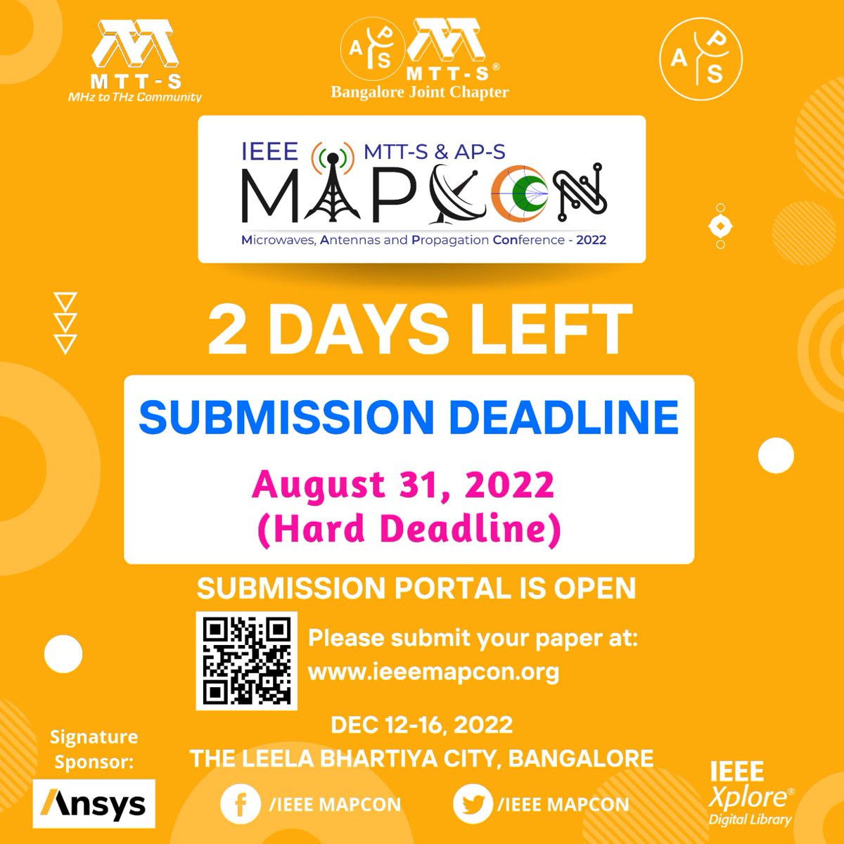 Ieeemapcon's tweet photo. Greetings from IEEE MAPCON 2022,
Please note that only 2 days are left to submit your papers for IEEE MAPCON 2022. Please submit your paper by tomorrow. There will not be a further extension of the paper submission deadline.
#IEEE #IEEEConference #MAPCON #Microwave
@mishra_puneet https://t.co/NLrBvwYGQT
