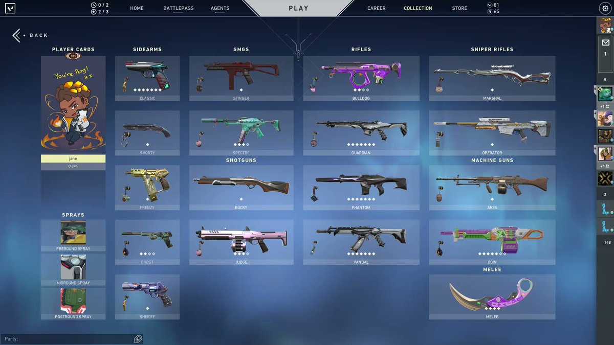 franchuwa's tweet photo. Buy niyo na pls 5k nalang
Complete 3 battlepass
Plat 2 

Classic: 
•Prime Classic
Guardian: 
•Sovereign
•Reaver
Phantom:
•Singularity
Vandal:
•Prime
•Reaver
•Origin
•Prism 2
Odin:
•BlastX
Ares:
•Infantry
Operator:
•Endeavor 
•Infantry
Melee:
•Sovereign Sword https://t.co/mRgfqyutAj