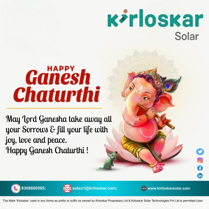 KirloskarSolar's tweet photo. On this Occasion of Ganesh Chaturthi, I wish Lord Ganpati visit your Home with bags dull of happiness  Prosperity &amp; peace.
#ganeshchaturthi #ganpatibappamorya #solarenergy #solarsystem #Solarongrid #solaroffgrid #SolarHybrid https://t.co/tlaaoKXpOW